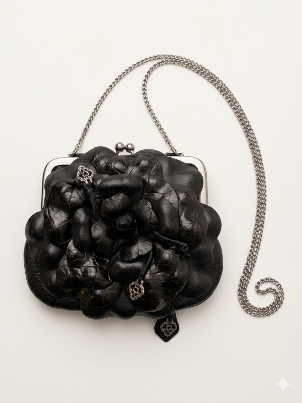 Brighton Rosalie Black Leather Kiss-lock Clutch Crossbody Bag with 3D Floral